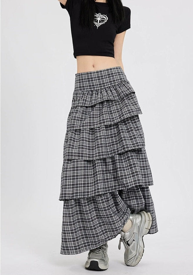 Layered Plaid Maxi Skirt with Ruffle Detail