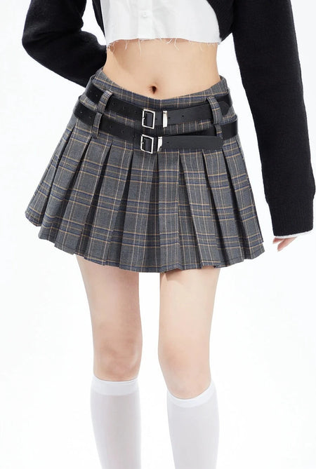 Plaid Pleated Double-Belted Mini Skirt - nightcity clothing