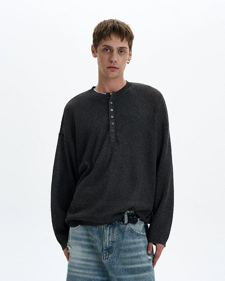 Textured Long Sleeve Sheer Henley Top with Button Detail - nightcity clothing