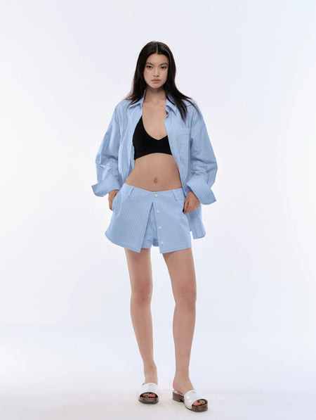 Pinstripe Long Sleeve Button-Up Shirt and Skort Skirt Two-Piece Set