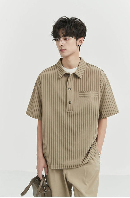 Striped Short Sleeve Half Button-Up Shirt