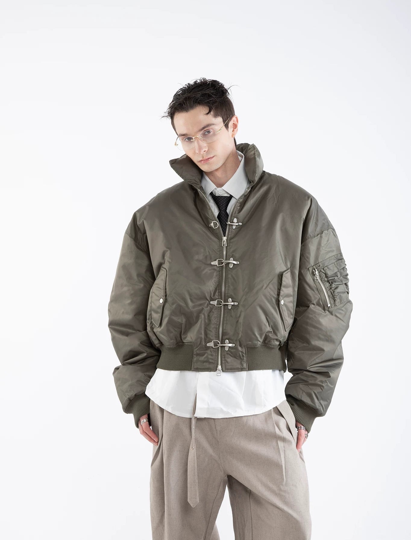 Oversized Fireman Buckle Cropped Bomber Jacket