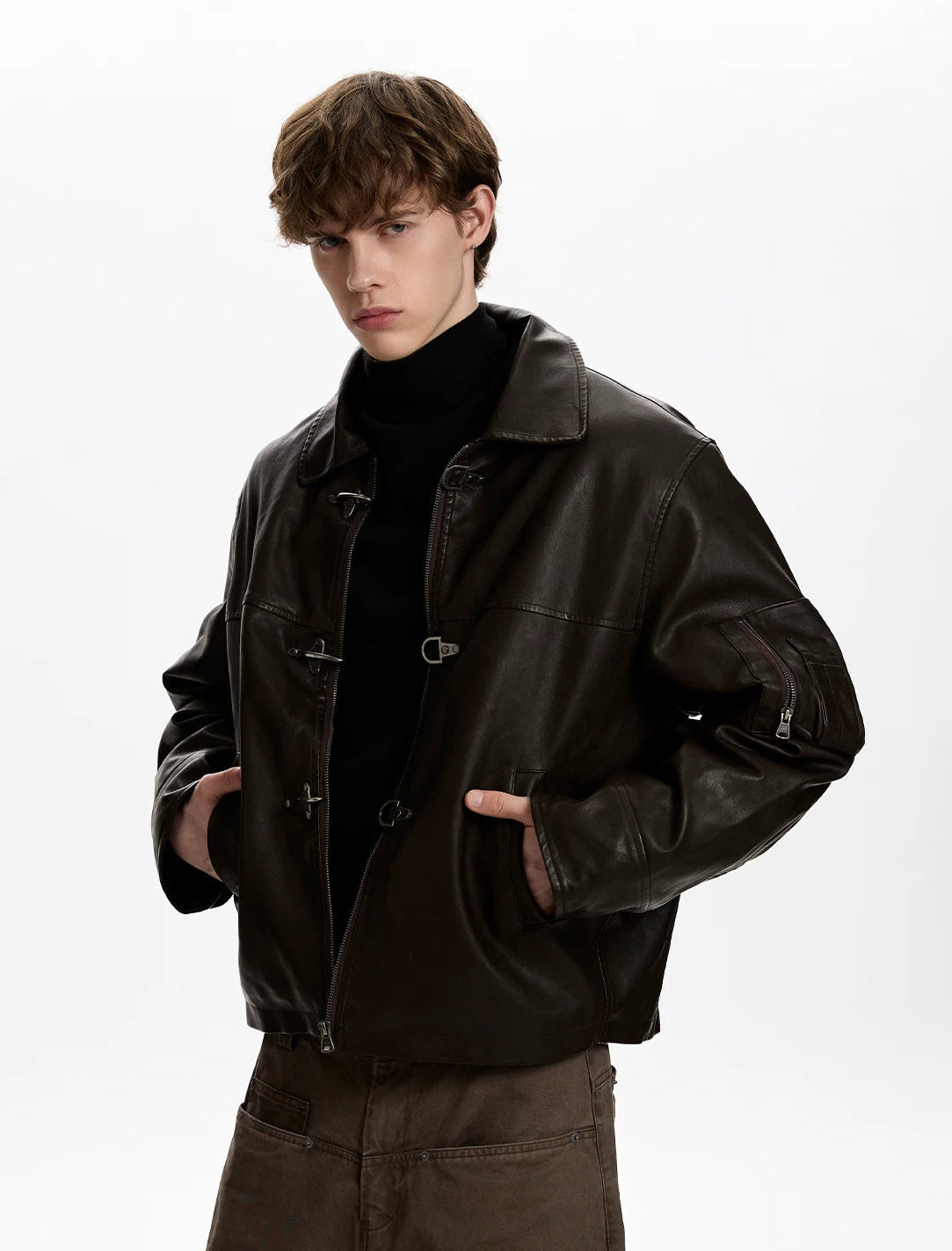 Faux Leather Fireman Buckle Zip Jacket with Sleeve Pocket