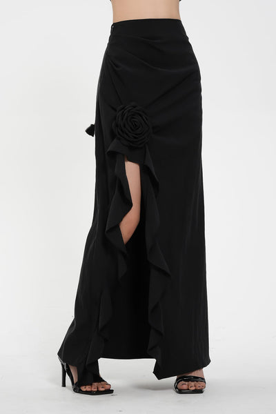 High Waist Ruffled Maxi Skirt with Floral Detail and Side Slit High Waist Ruffled Maxi Skirt with Floral Detail and Side Slit