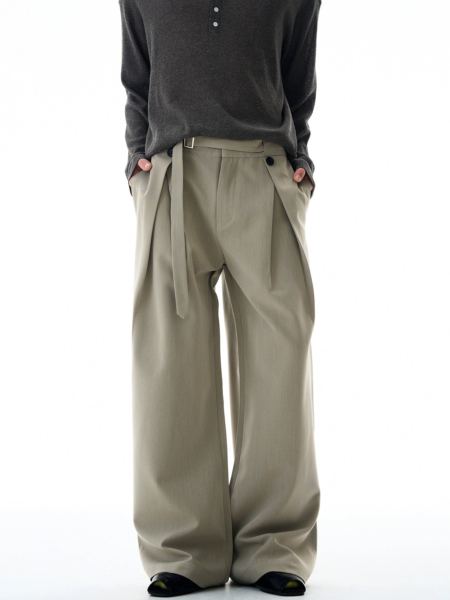 Wide-Leg Pleated Trousers With Wrap Waist Strap