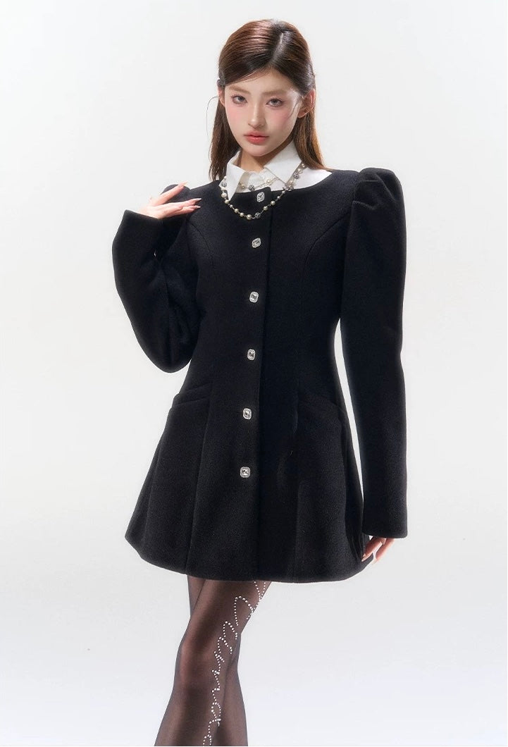 Puff Long Sleeve Button Mini Dress with Pockets