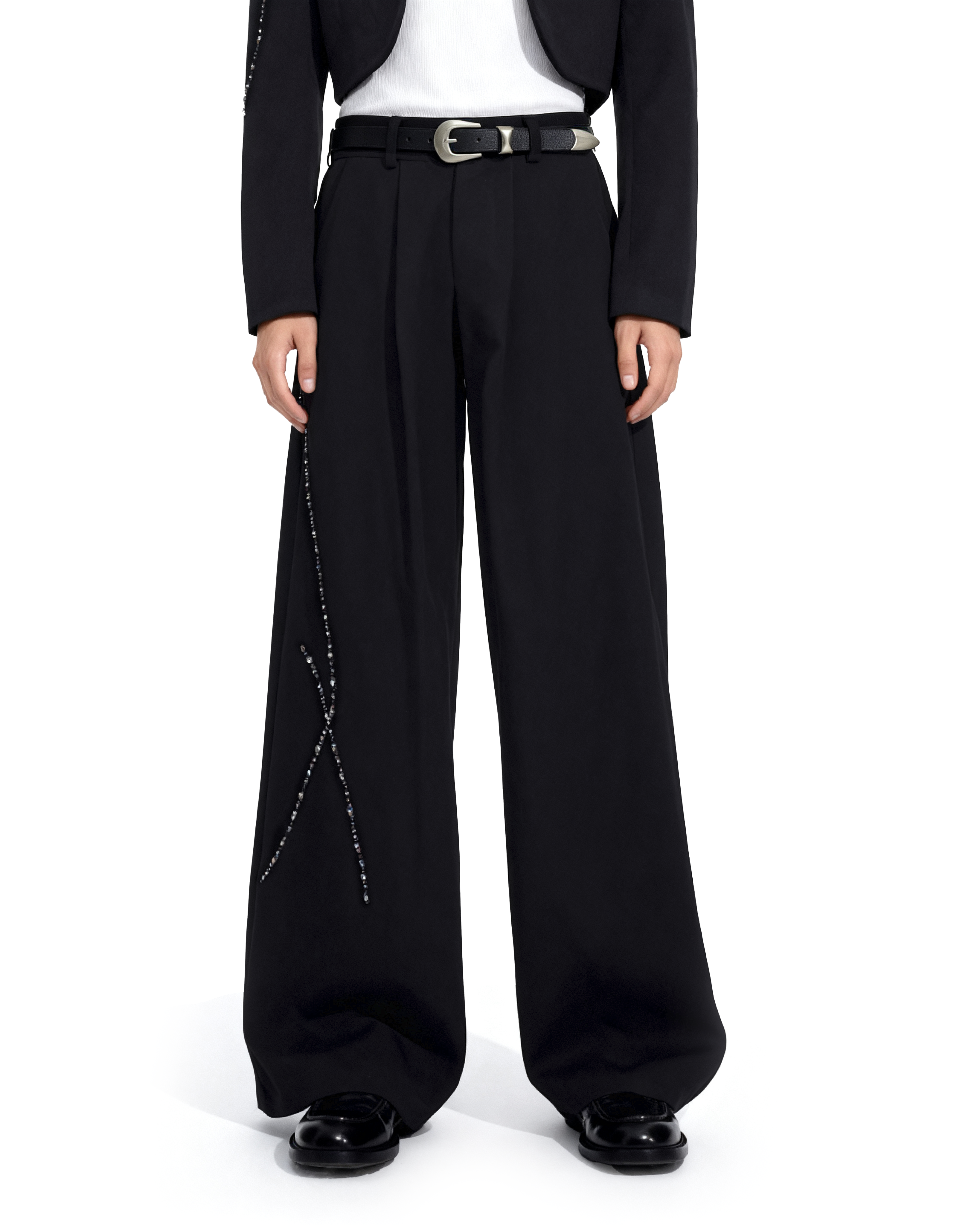 Structured Curve-Panel Cropped Blazer with Embellished Detailing and Wide Leg Pants Two-Piece Set - nightcity clothing