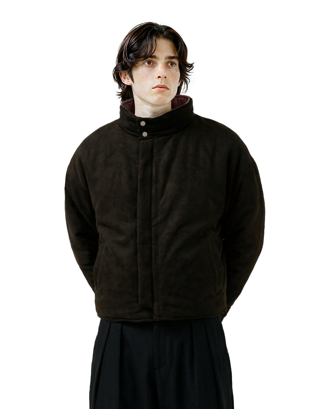 Wide High Collar Plaid Reversible Puffer Jacket-6