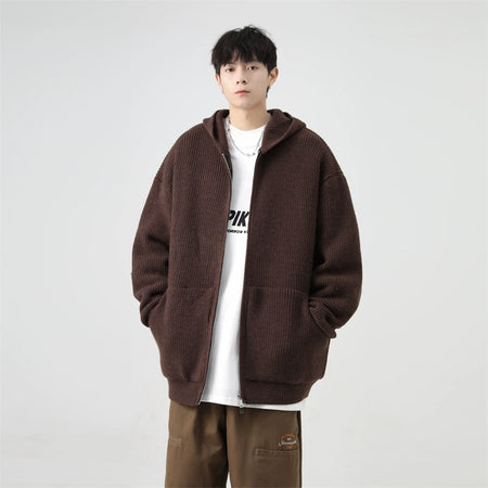 Ribbed Knit Zip-Up Hoodie with Oversized Pockets