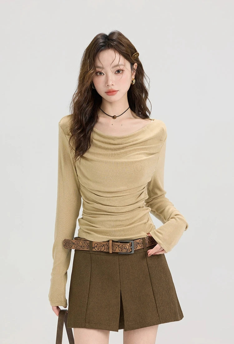 Cowl Neck Ruched Side Long Sleeve Top