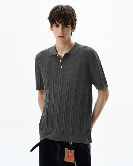 Ribbed Knit Short Sleeve Polo Shirt