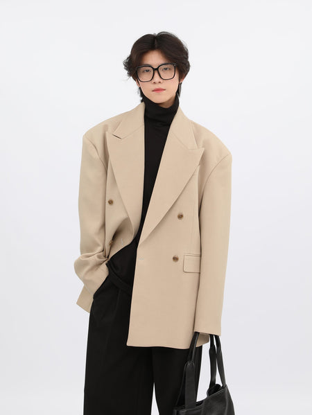 Oversized Double-Breasted Tailored Blazer with Lapel Detail