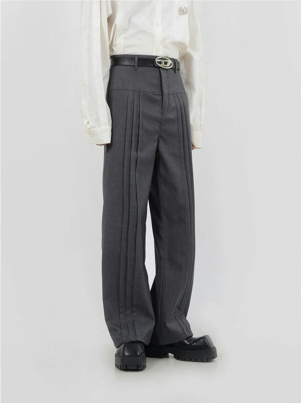 Multi-Pleated Wide-Leg Trousers with Waist Detail
