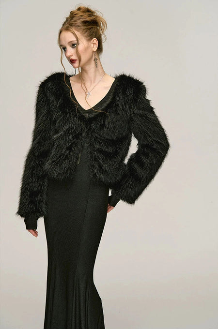 Faux Fur V-Neck Short Coat