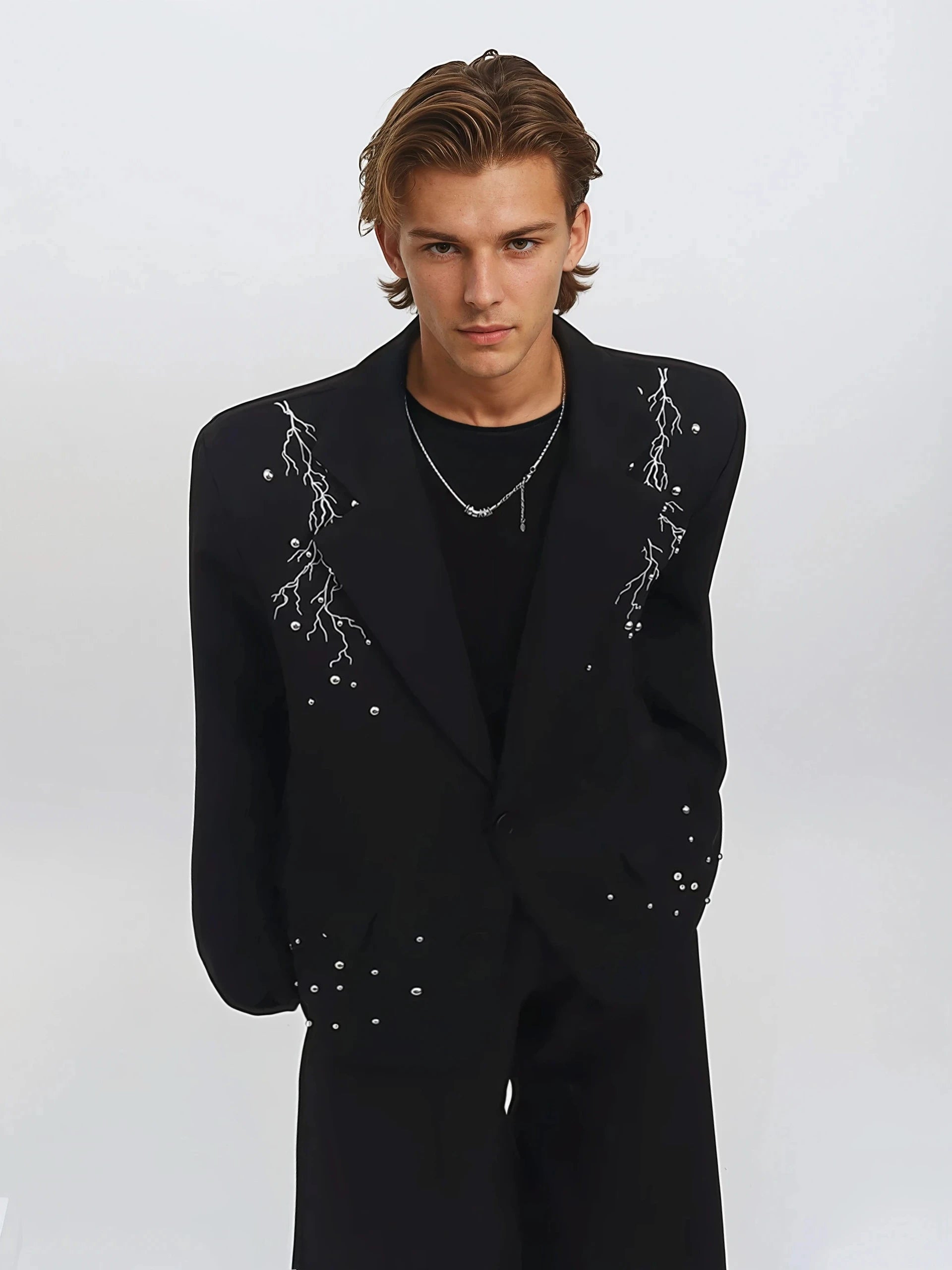 Embroidered Lightning Detail Blazer with Stud Accents