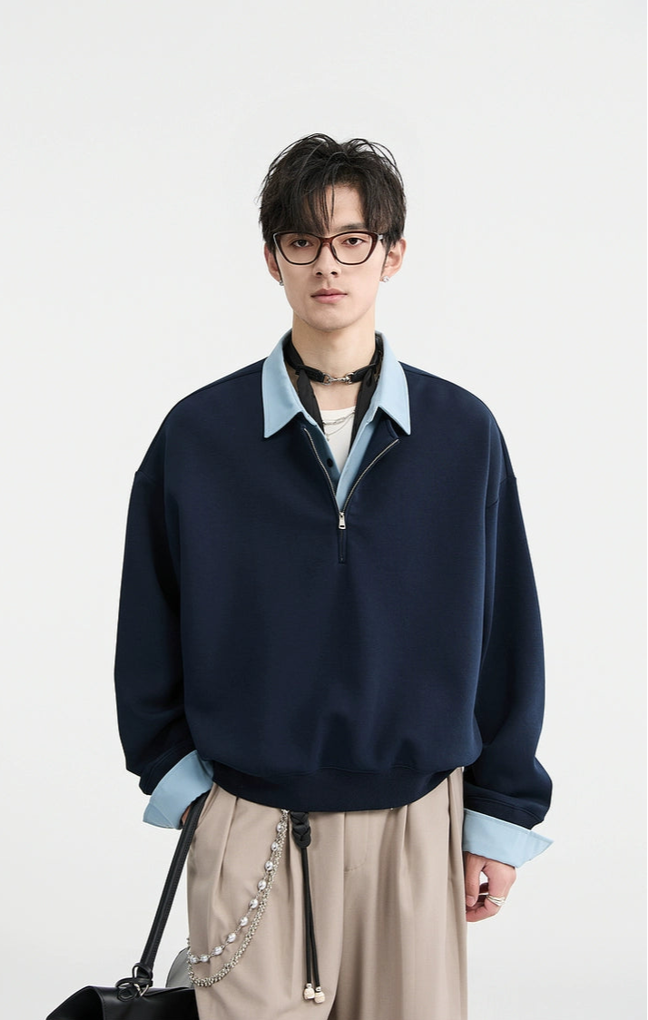 Half Zip Mock Two-Piece Layered Pullover Sweatshirt