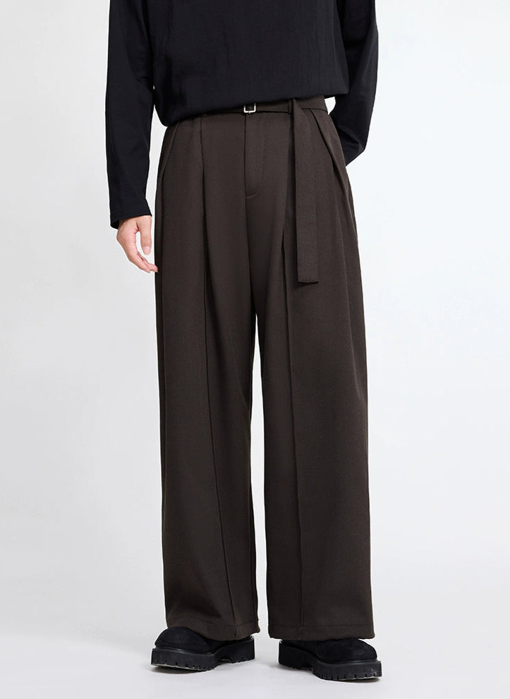Wide Leg Multi-Pleated Trousers with Belt Detail