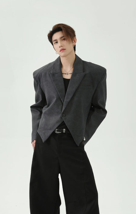 Asymmetric Hem Abstract Print Single-Breasted Boxy Blazer - nightcity clothing
