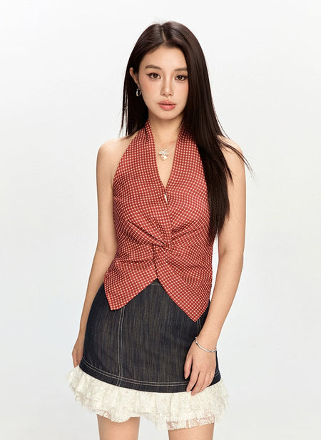 Gingham Front Twist Halter Top with Asymmetric Hem