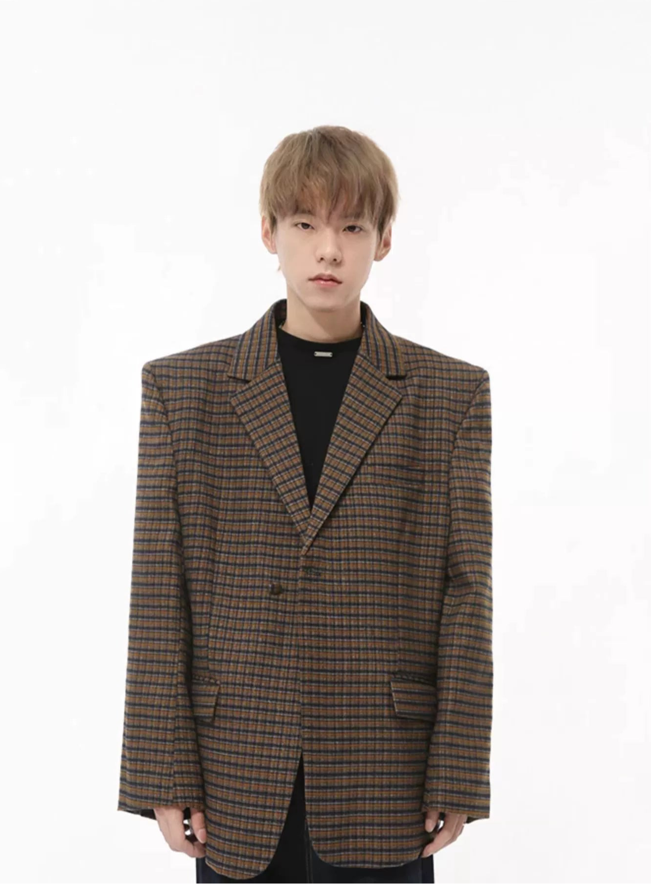 Oversized Checkered Single Breasted Blazer with Structured Shoulders