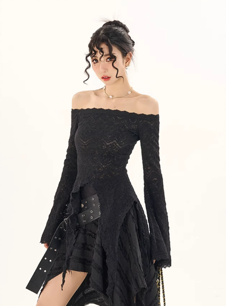 Off-Shoulder Lace Bell Sleeve Top