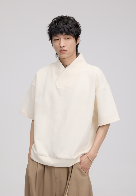 Overlap Collar Drop Shoulder Short Sleeve Shirt