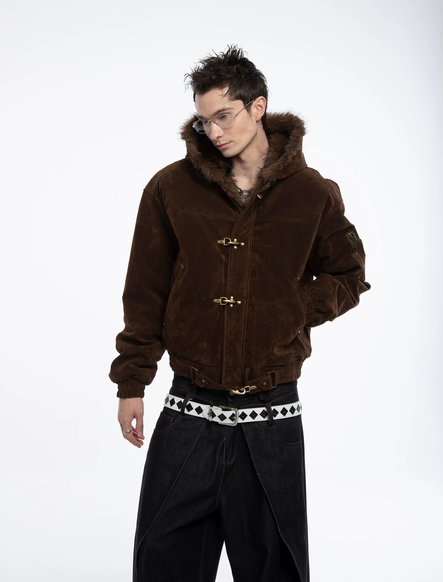 Faux Shearling Lined Suede Fireman Buckle Jacket