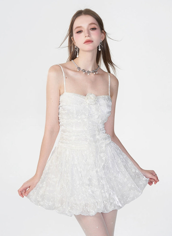 Spaghetti Strap Ruched Floral Lace Mini Dress