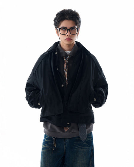 Double-Collar Oversized Button Jacket with Pockets