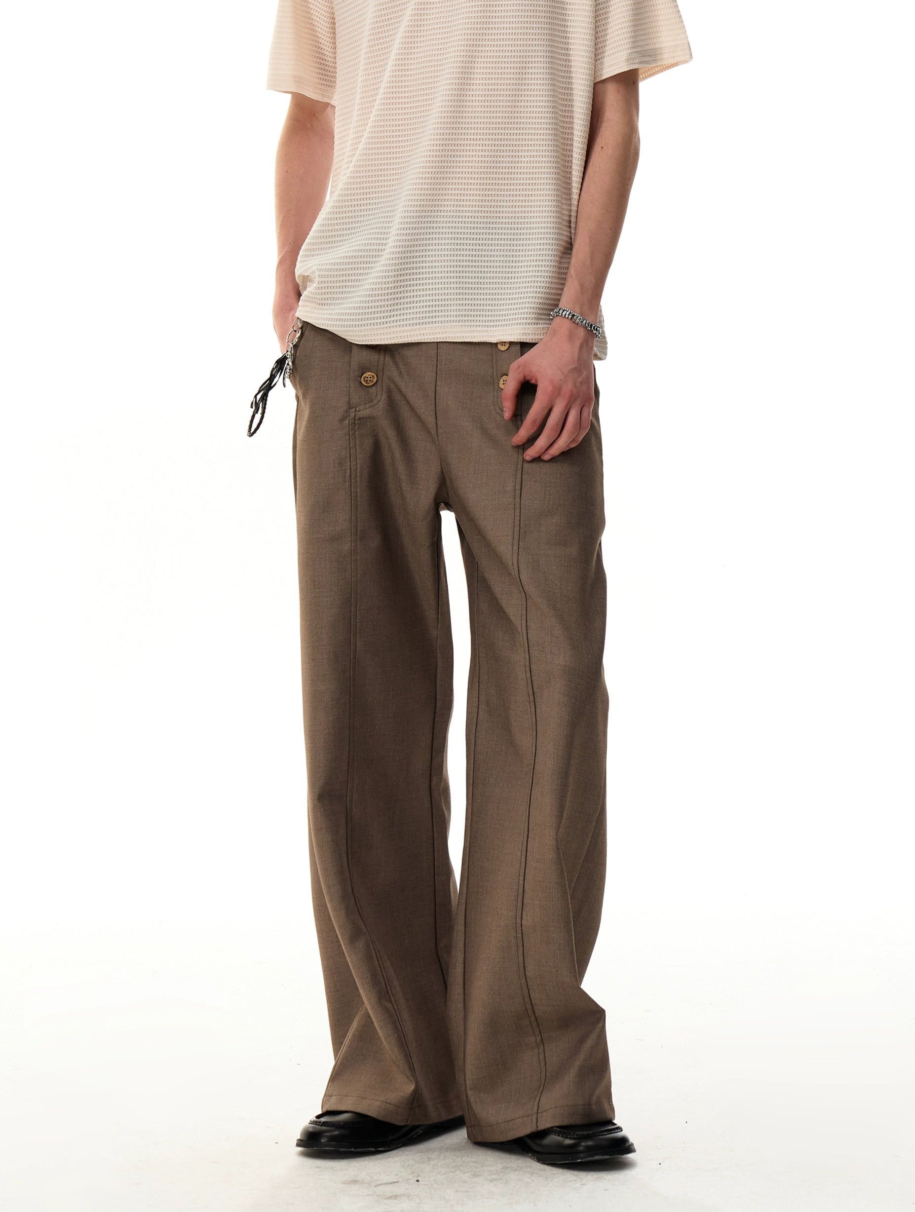 Sailor Button Wide-Leg Trousers with Structured Seams