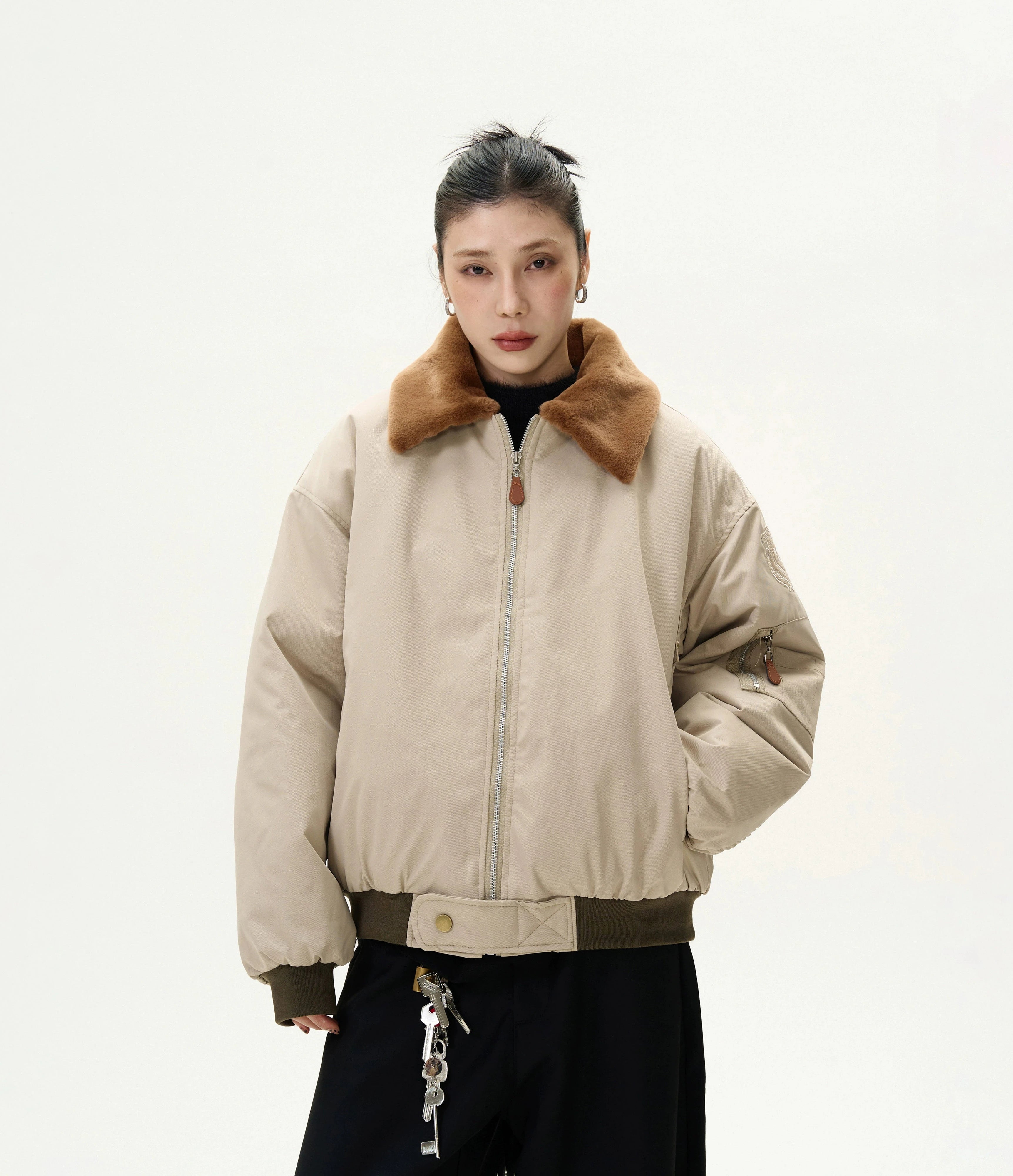 Faux Fur Collar Bomber Jacket with Utility Pocket