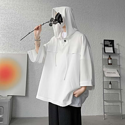 Oversized Hooded Shirt with Three-Quarter Sleeves