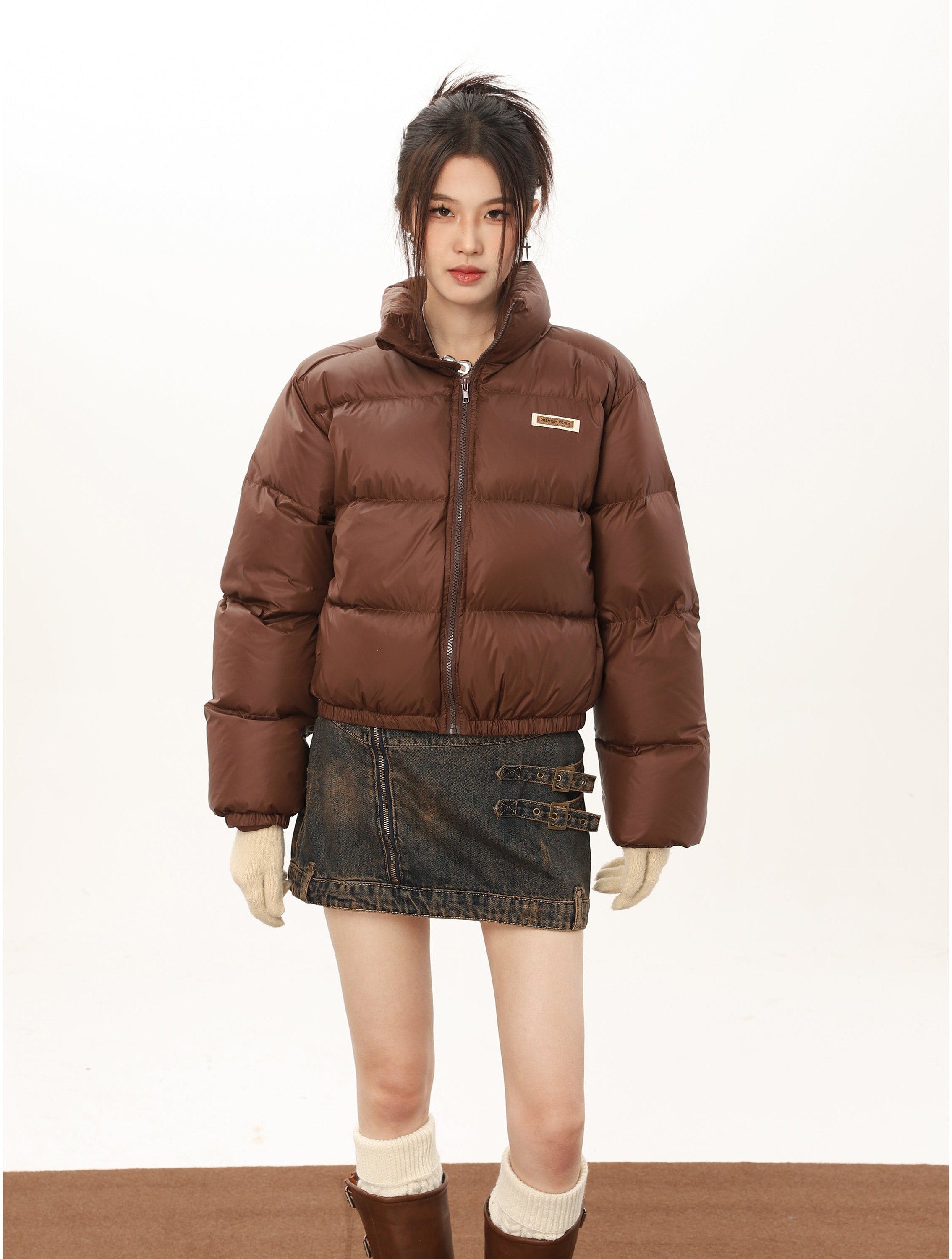 Slim Mid-Crop Puffer Jacket with High Collar