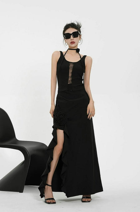 Sleeveless Lace Detail Ruffle Hem Maxi Dress - nightcity clothing