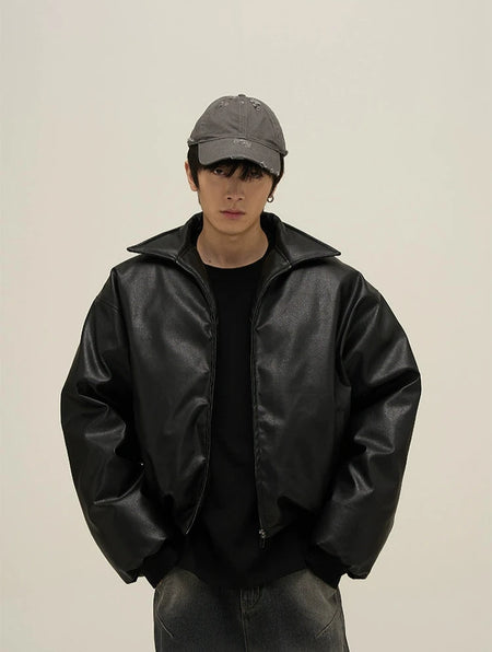 Oversized Faux Leather Puffer Jacket with Wide Collar