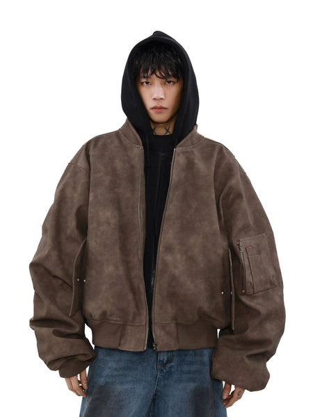 Oversized Vintage Washed Suede Bomber Jacket with Utility Pockets