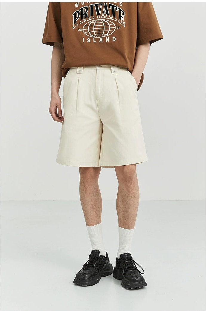 Wide-Leg Button-Detail Pleated Shorts