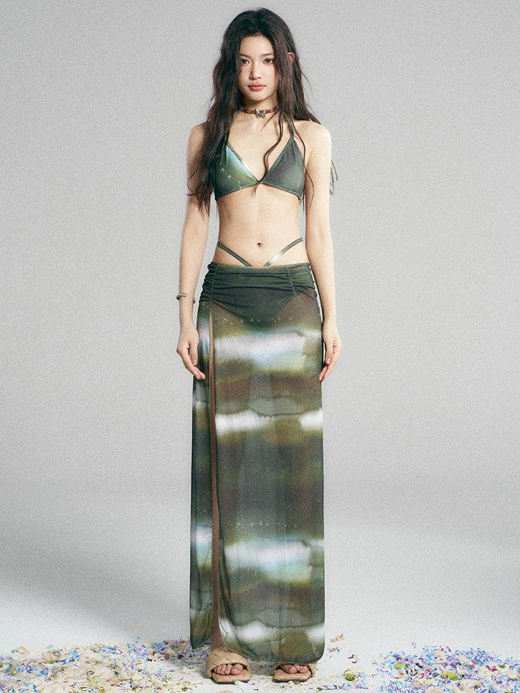 Metallic Halter Bikini Set with Matching Wrap Skirt