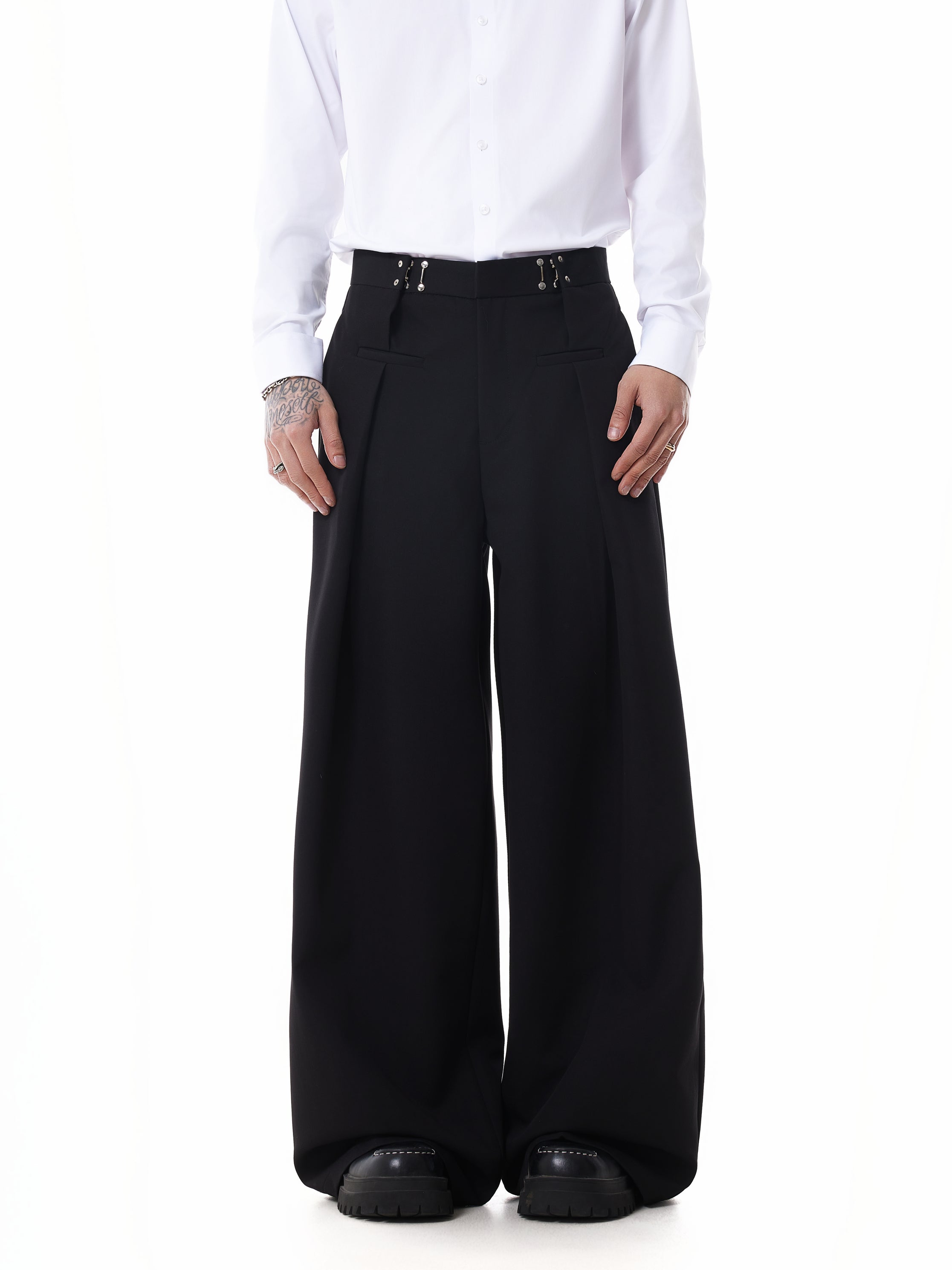 Adjustable Waist Hook Pleated Buckle Pants - Main Image