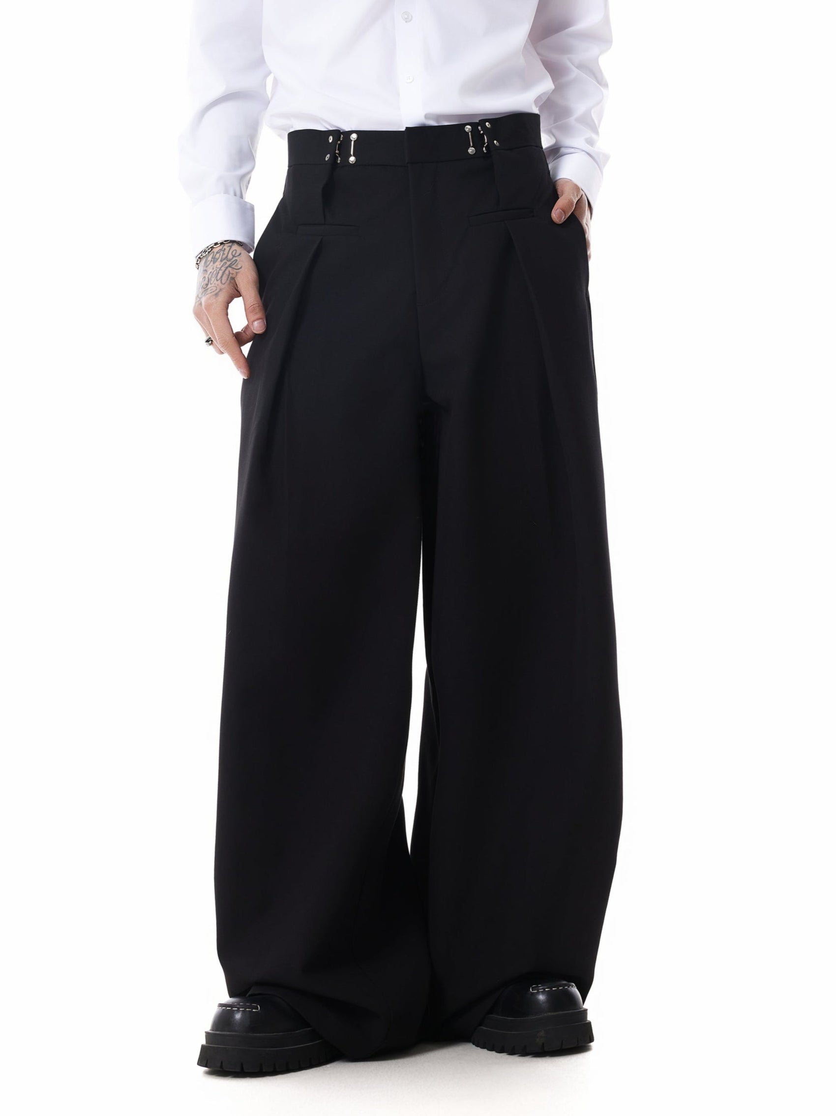 Adjustable Waist Pleated Buckle Pants