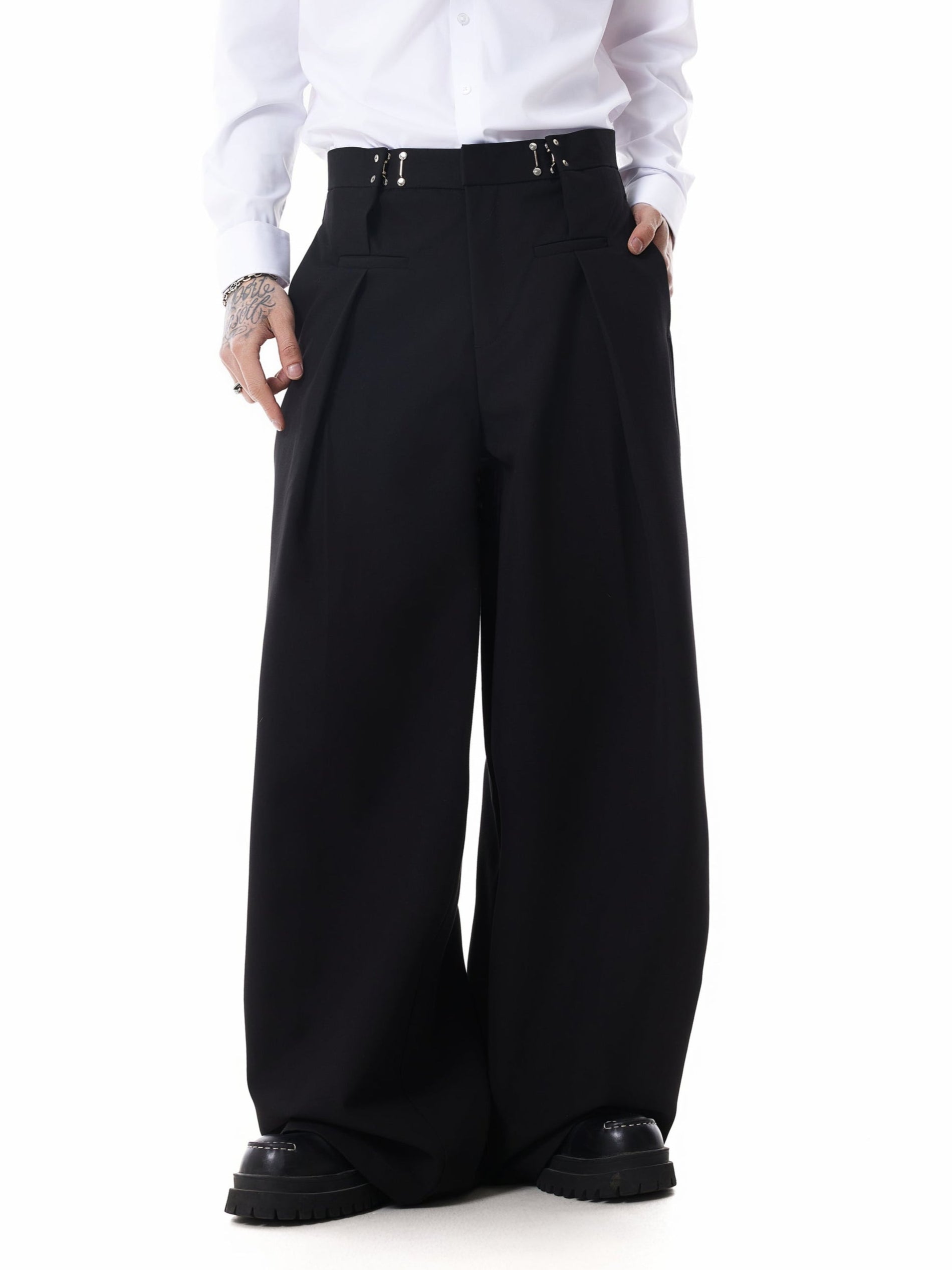 Adjustable Waist Pleated Buckle Pants