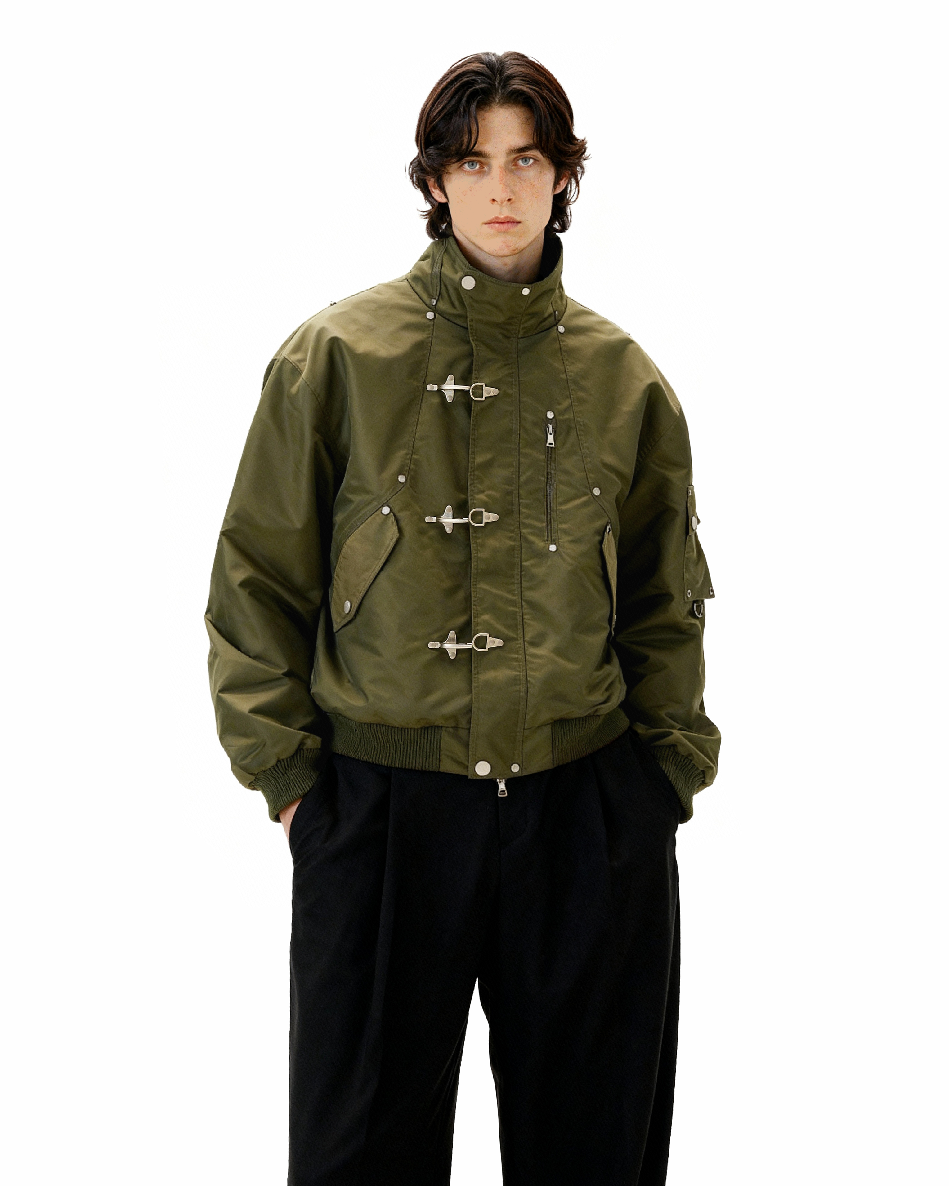 Fireman-Buckle Stand Collar Lightweight Bomber Jacket