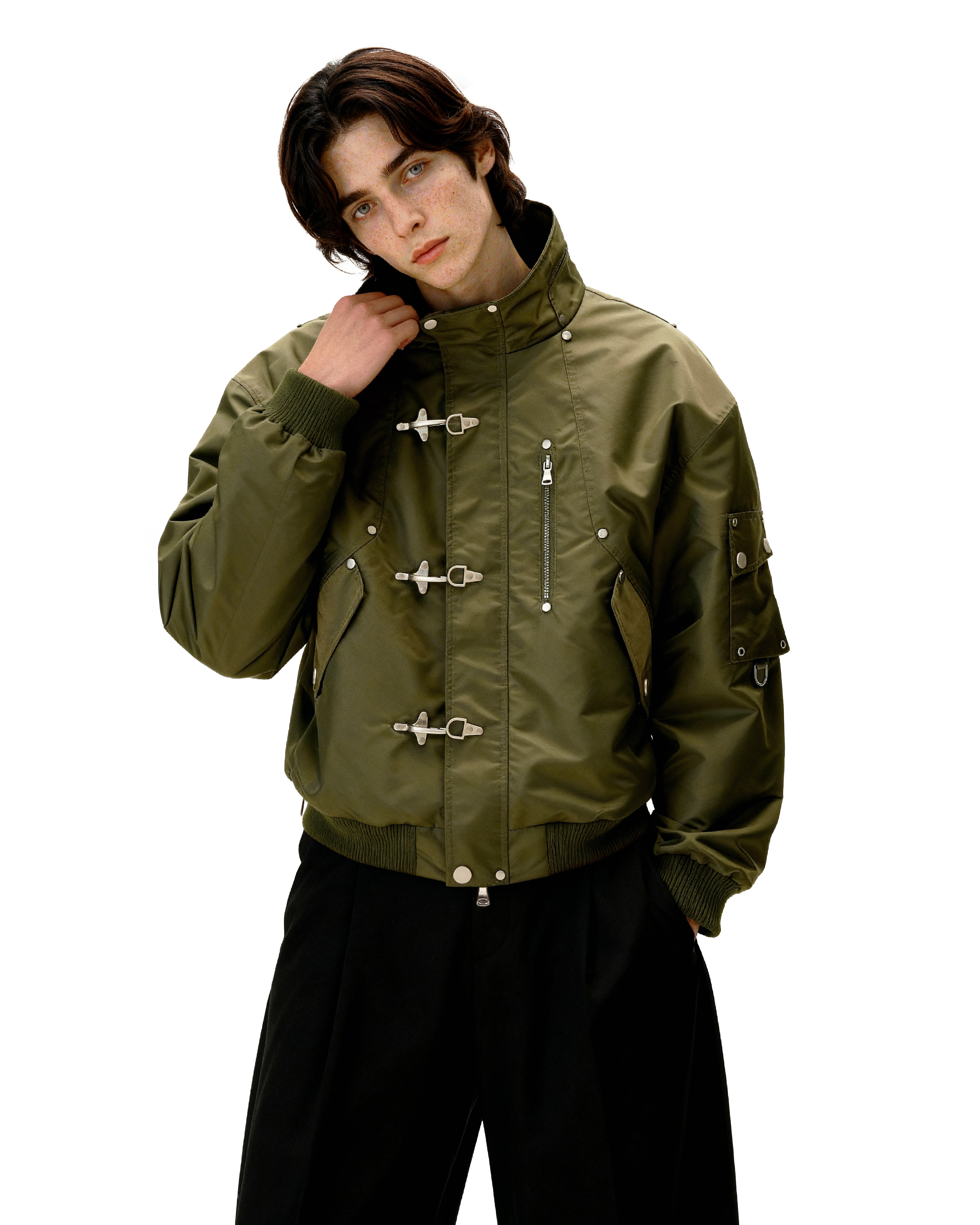 Fireman-Buckle Stand Collar Lightweight Bomber Jacket
