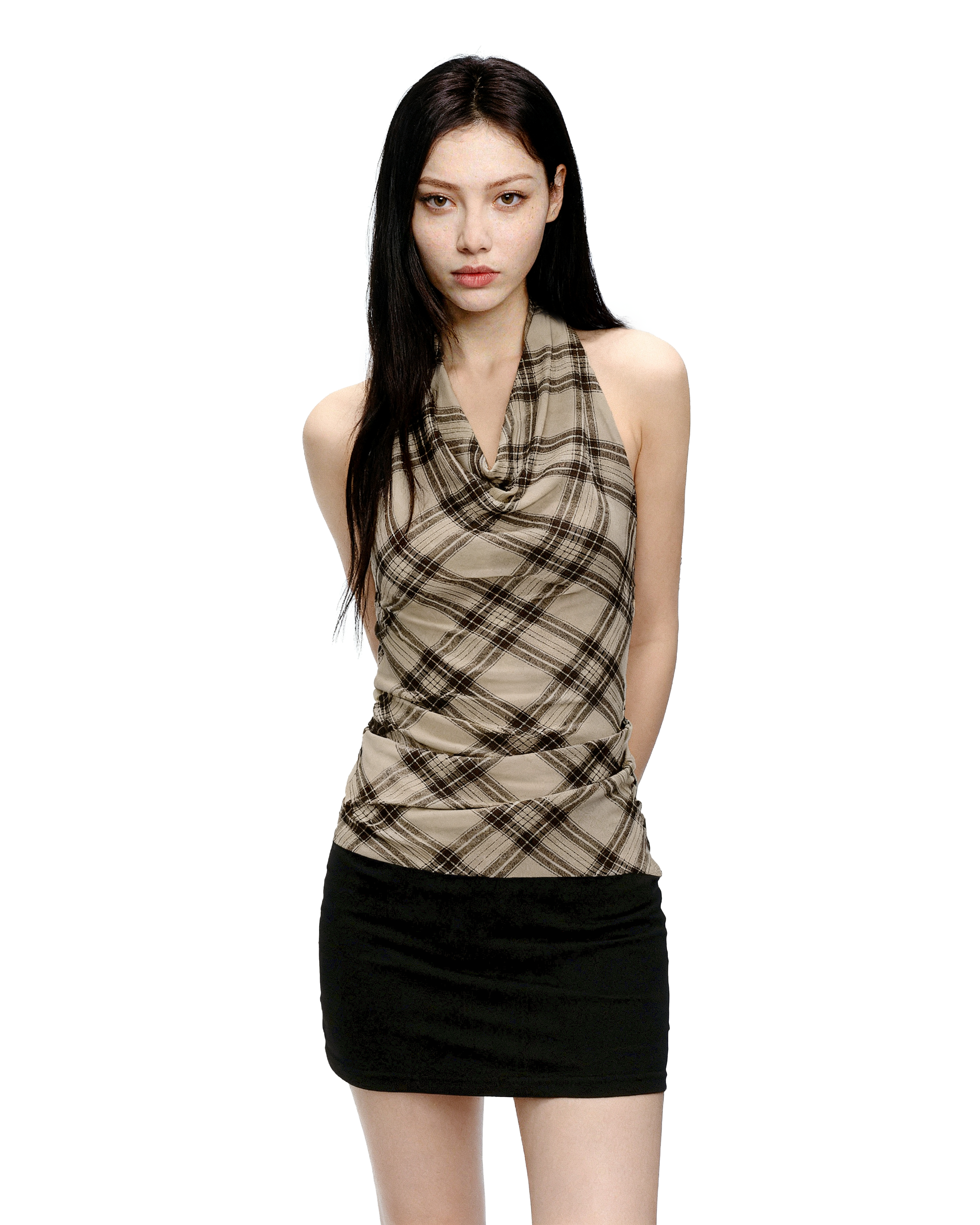 Plaid  Drape Halter Neck Sleeveless Top-2