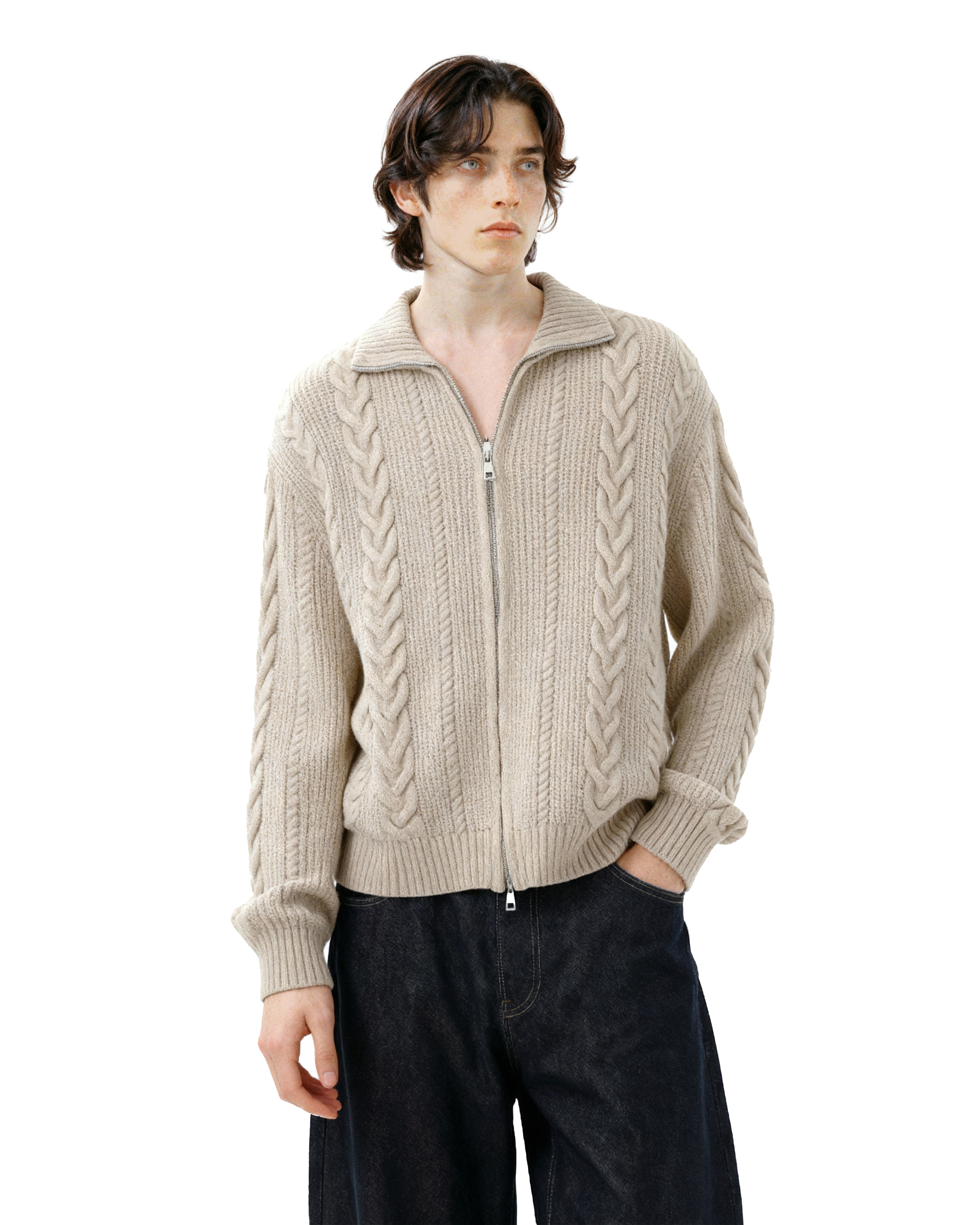 Cable-Knit Zip Ribbed Trim Cardigan