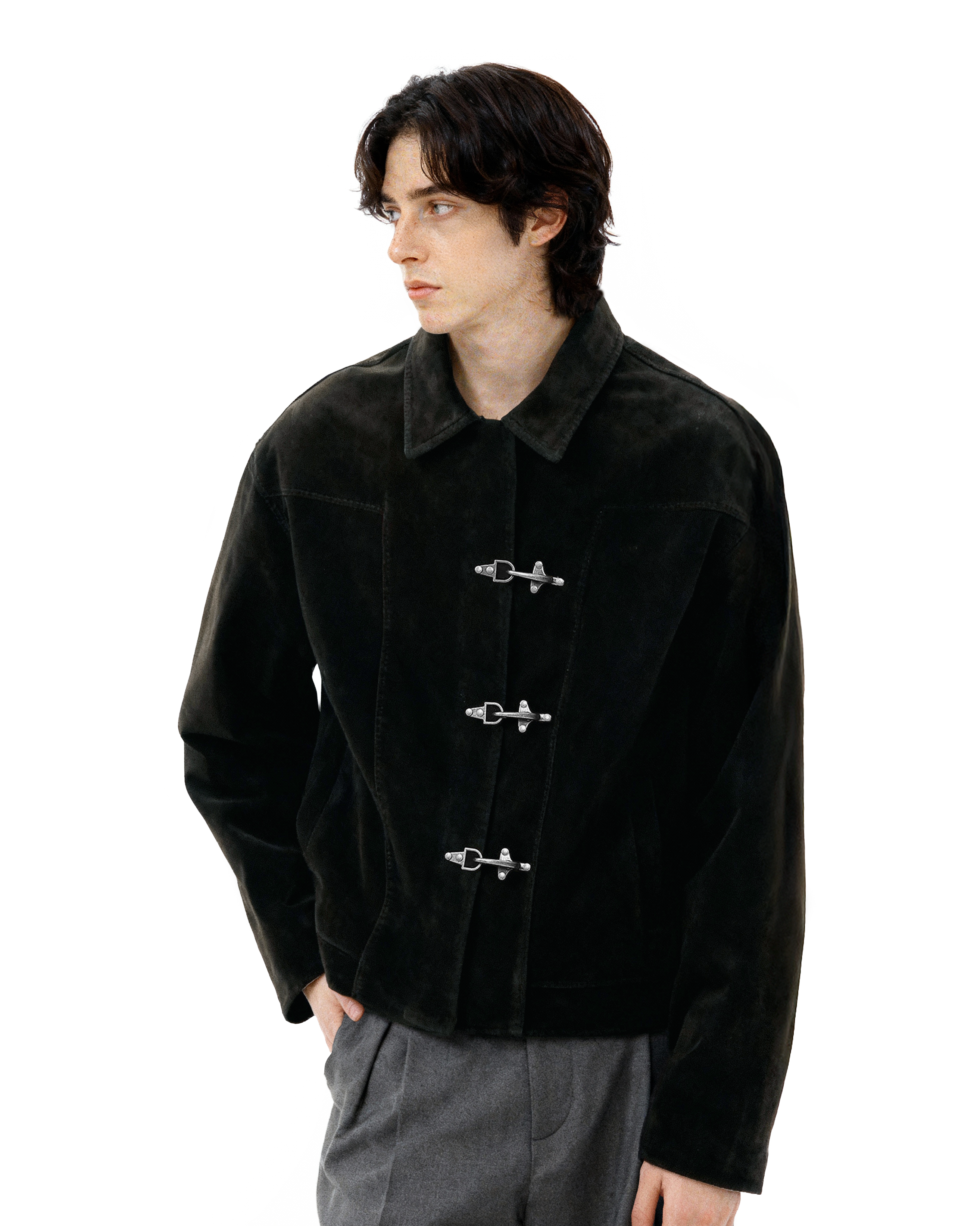 Fireman Buckle Faux Suede Mid-Crop Zip Jacket - nightcity clothing