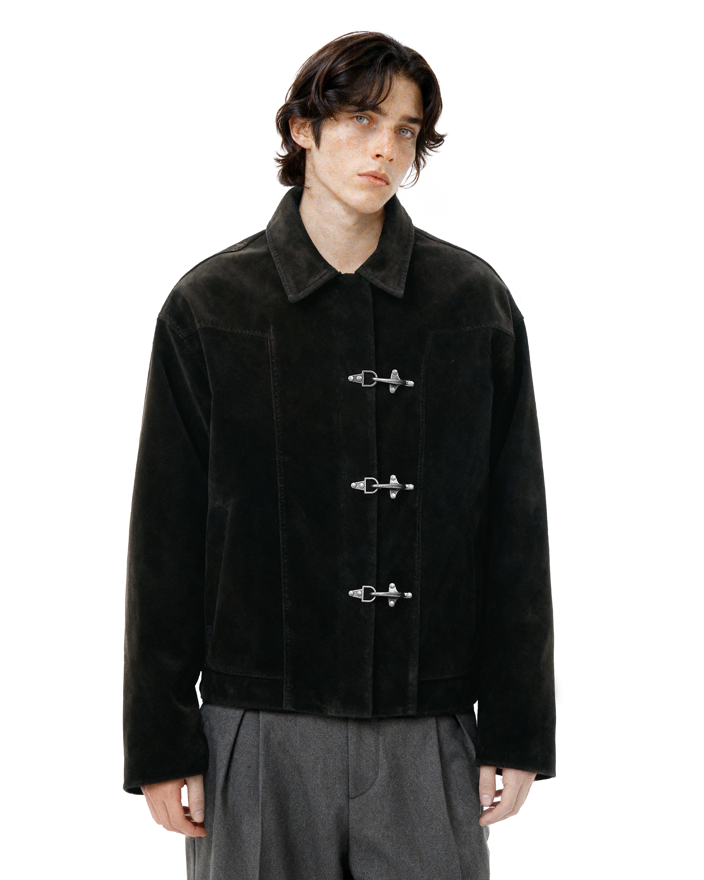 Fireman Buckle Faux Suede Mid-Crop Zip Jacket