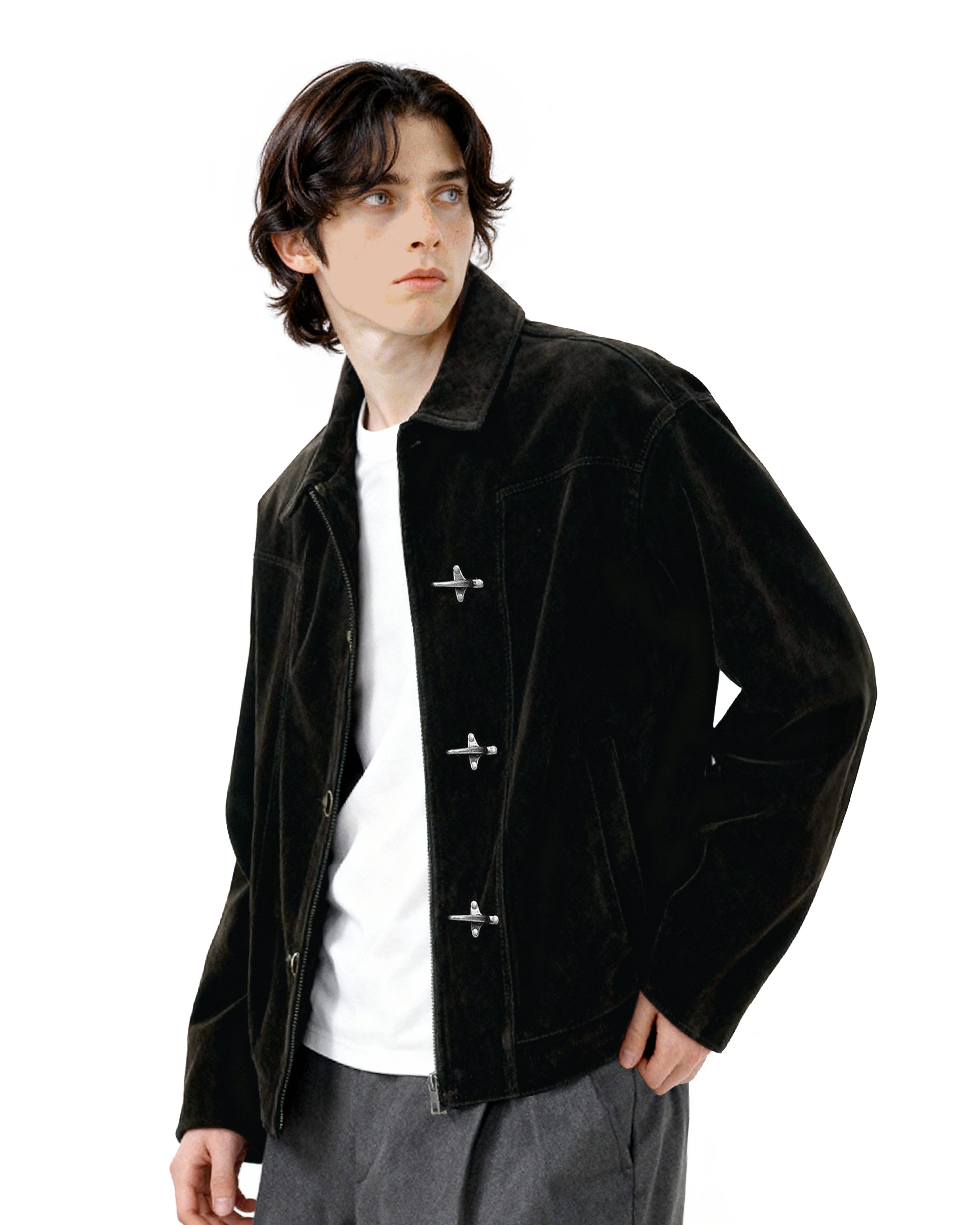 Fireman Buckle Faux Suede Mid-Crop Zip Jacket - nightcity clothing