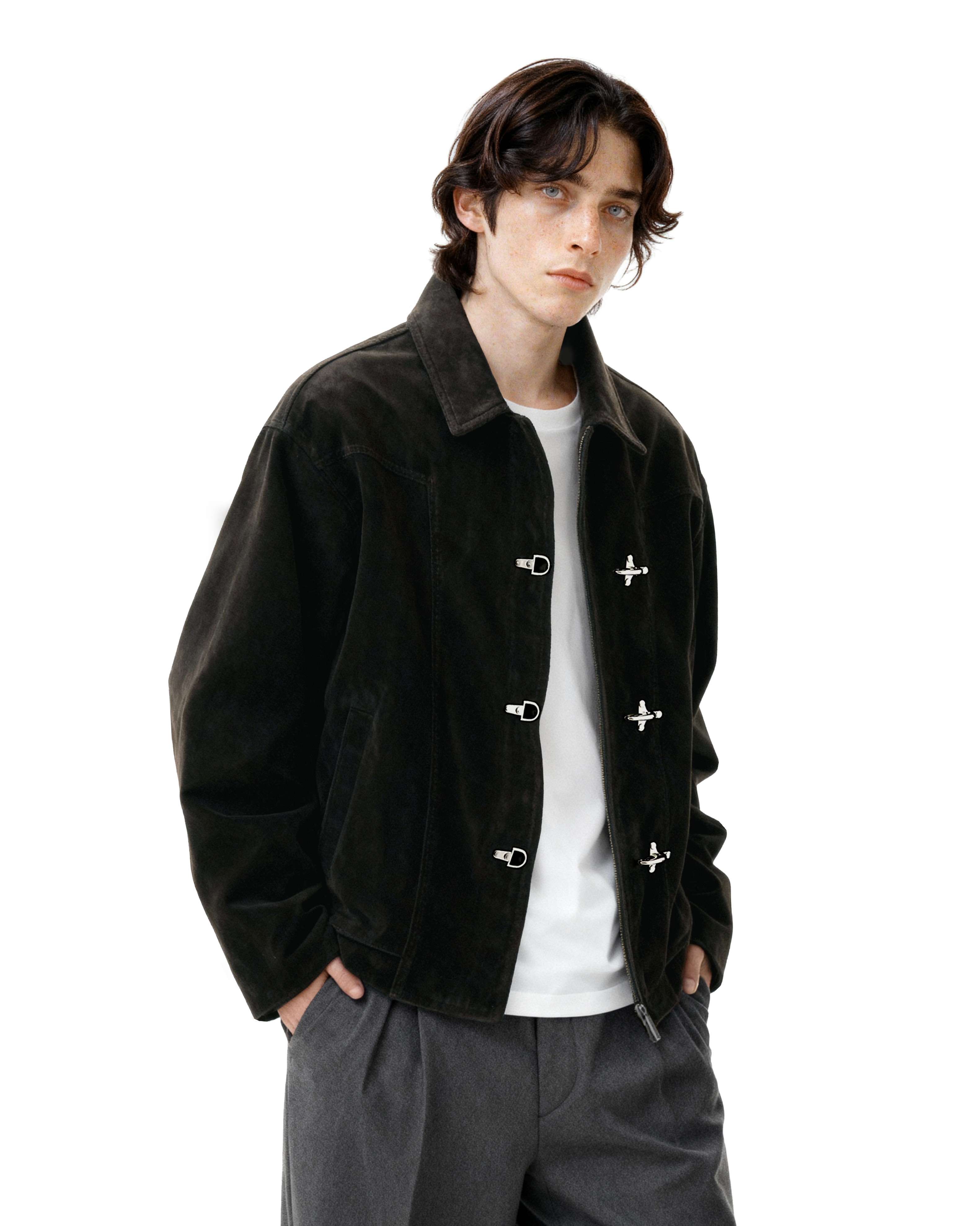 Fireman Buckle Faux Suede Mid-Crop Zip Jacket - nightcity clothing