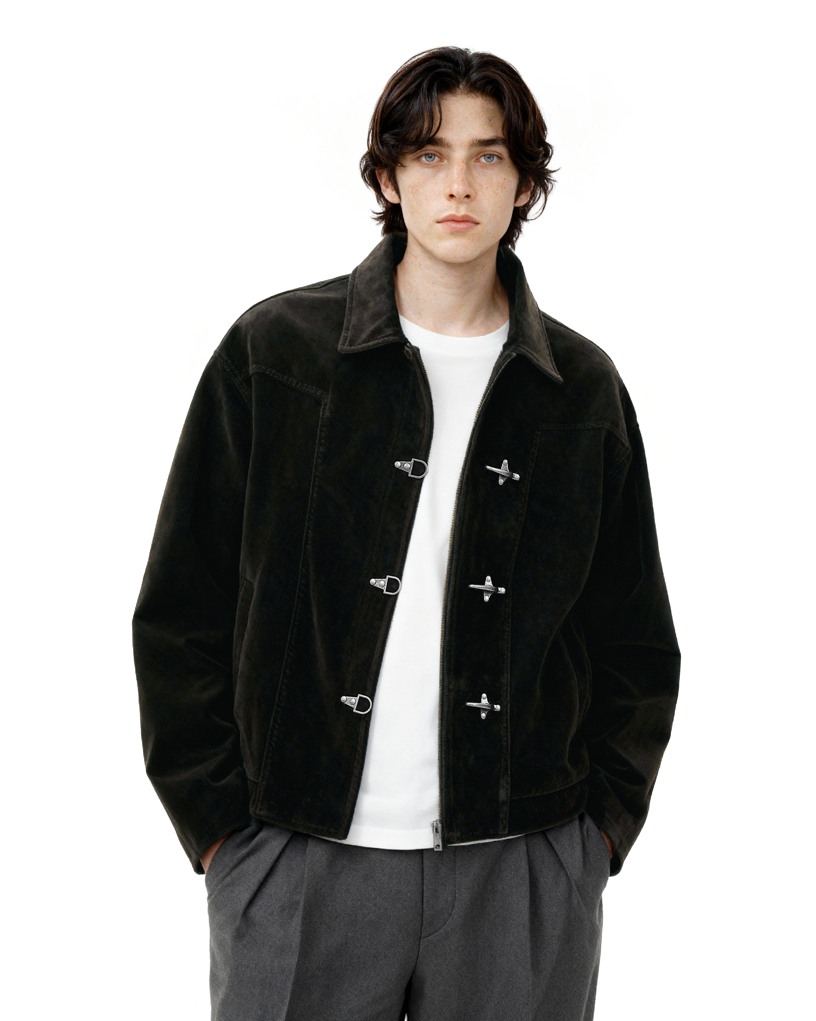 Fireman Buckle Faux Suede Mid-Crop Zip Jacket - nightcity clothing